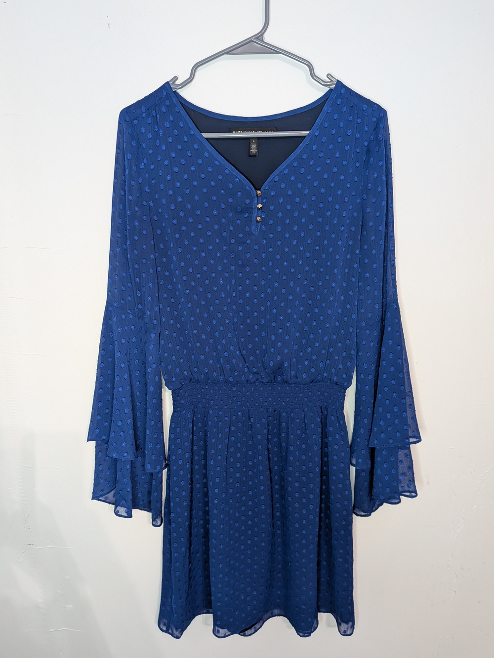 White House Black Market Royal Blue Textured V-Neck Long Sleeve Dress